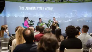 Wide view of the Fort Lauderdale Tech Meetup panel from the audience; David at right with a mic